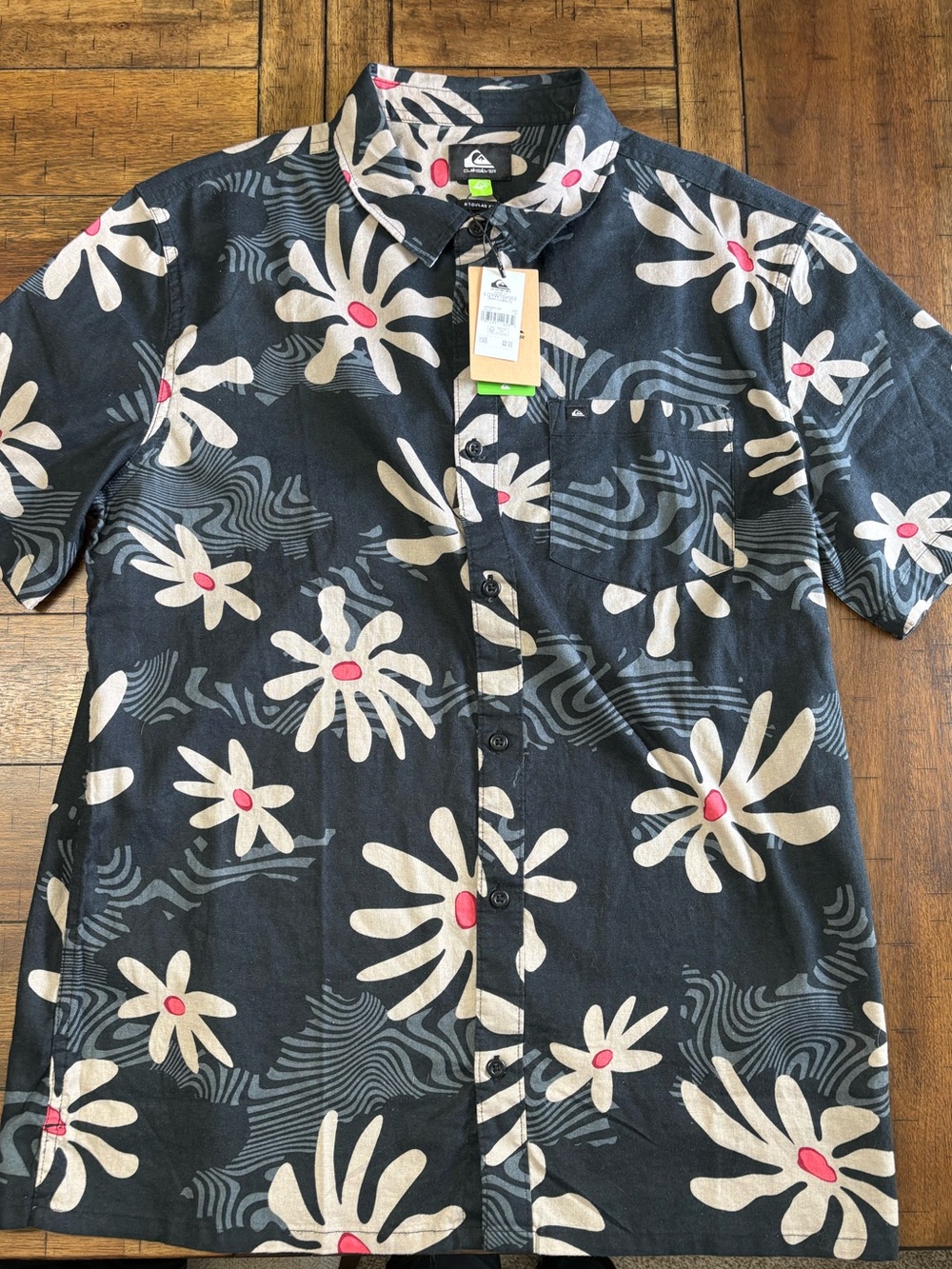 Quiksilver Black Short-Sleeve Button-Up Shirt with Cream & Pink Floral Print